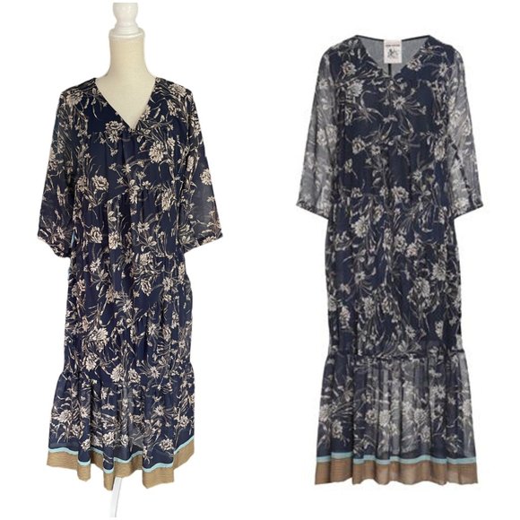 Semicouture floral-print midi dress size IT 44 US L 8 M navy blue tiered Italy - Picture 1 of 11